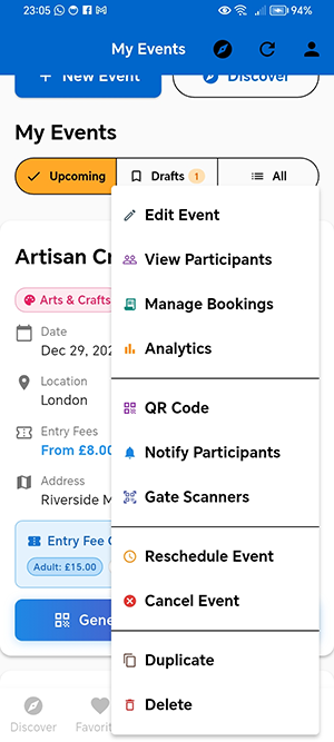 My Events screen with an Artisan Craft Fair card showing date, stall price range, entry fees, participants and a generate QR code action